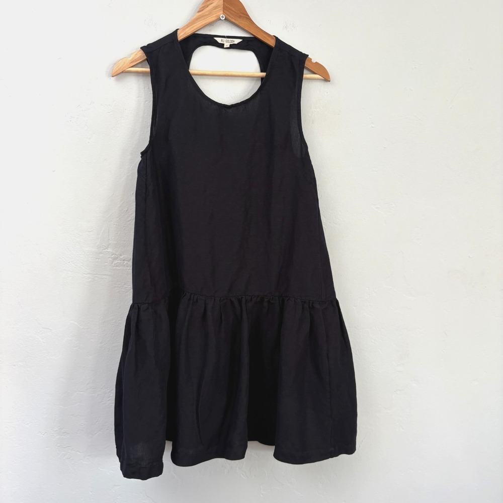 Ali Golden Halter Dress Women Size Small Navy Blue Linen Blend Flaw